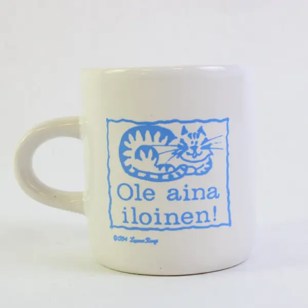 Small White Ceramic Mug Blue Smiling Cat Finnish Saying Always Be Happy