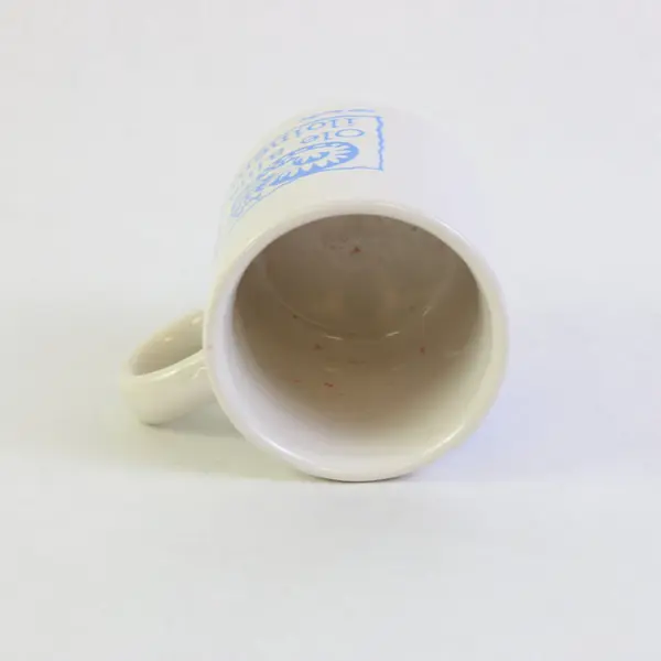 Small White Ceramic Mug Blue Smiling Cat Finnish Saying Always Be Happy