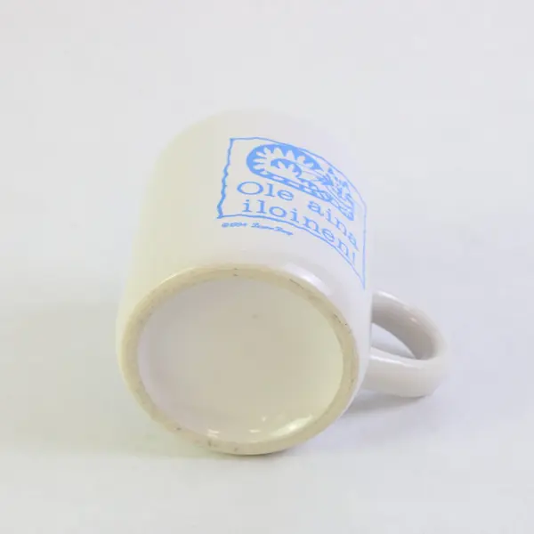 Small White Ceramic Mug Blue Smiling Cat Finnish Saying Always Be Happy