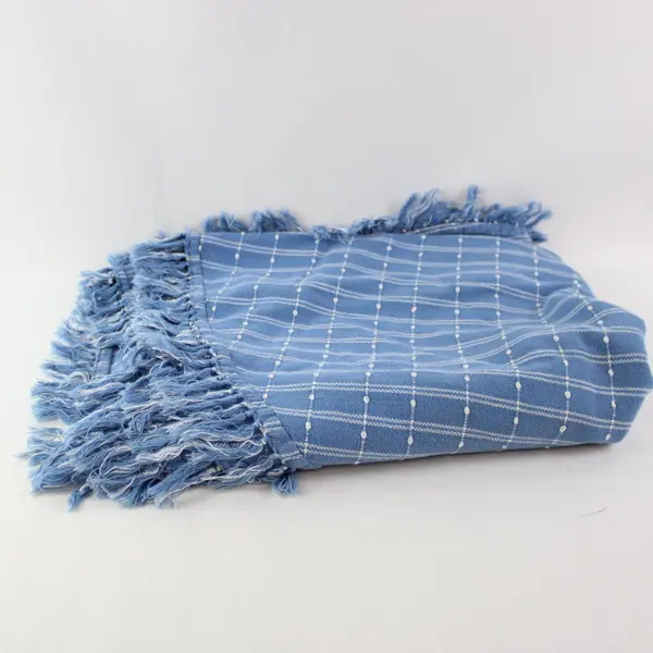Blue and White Plaid Fringe Oval Tablecloth 48"x72"
