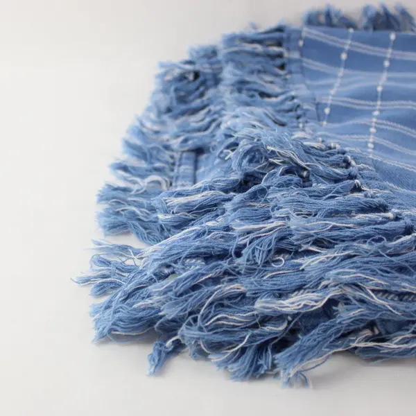 Blue and White Plaid Fringe Oval Tablecloth 48"x72"