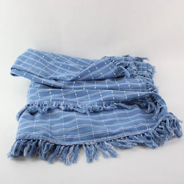 Blue and White Plaid Fringe Oval Tablecloth 48"x72"
