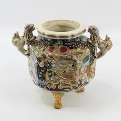 Vintage Japanese Satsuma Tripod Urn Censer Foo Dog Handles No Lid