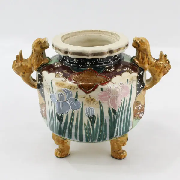 Vintage Japanese Satsuma Tripod Urn Censer Foo Dog Handles No Lid