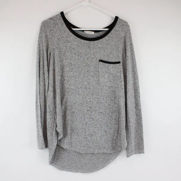 Enti Glamour Womens M Gray Relaxed Fit Long Sleeve Top Black Trim Pocket