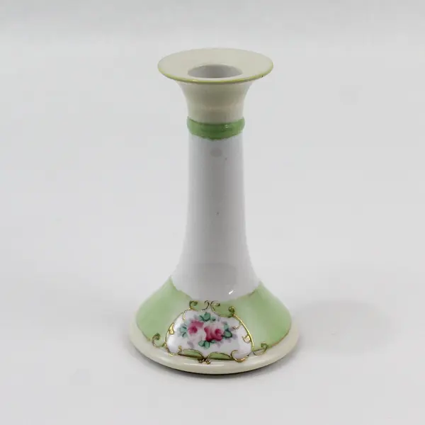 Noritake China Taper Candle Holder Green and White Pink Roses