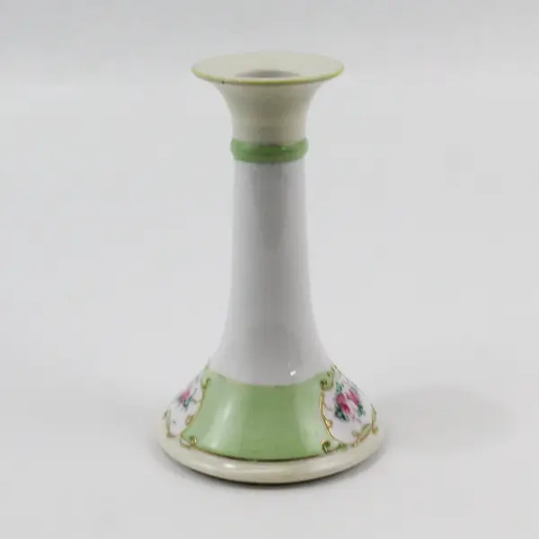 Noritake China Taper Candle Holder Green and White Pink Roses
