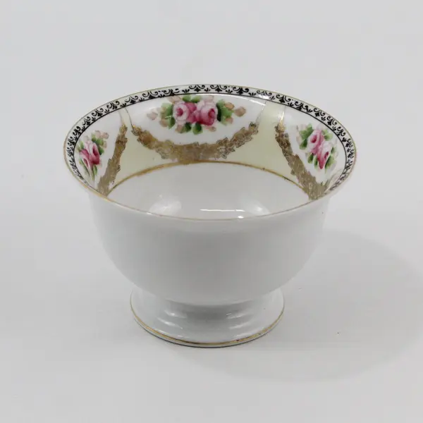 Vtg Noritake China Footed Fruit Bowl Black Floral Rim Pink Roses W/Gold Swag