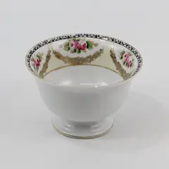 Vtg Noritake China Footed Fruit Bowl Black Floral Rim Pink Roses W/Gold Swag