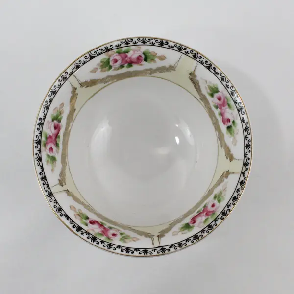 Vtg Noritake China Footed Fruit Bowl Black Floral Rim Pink Roses W/Gold Swag