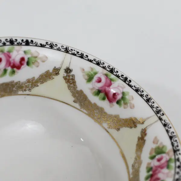 Vtg Noritake China Footed Fruit Bowl Black Floral Rim Pink Roses W/Gold Swag