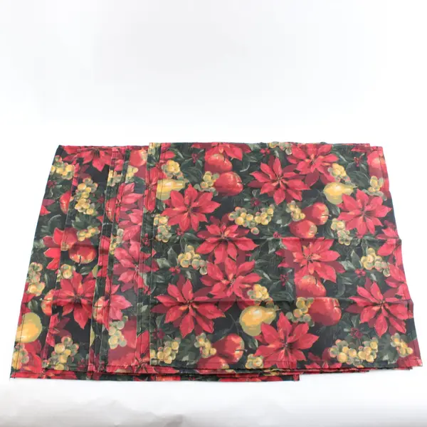 Set of 6 Vintage Cotton Napkins, Poinsettias & Fruit, 17”x17" 