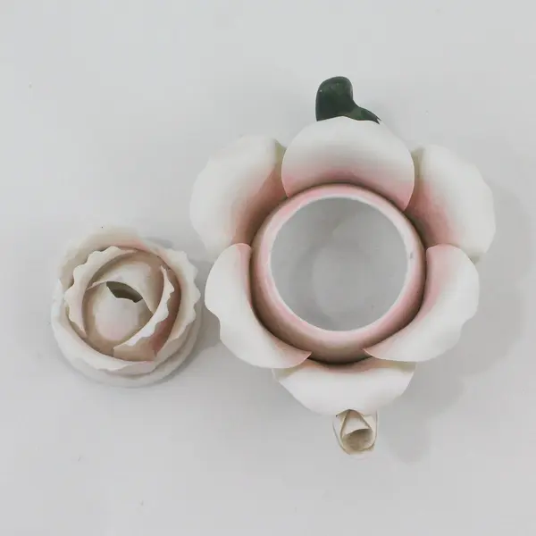 Vintage Hand Painted  Pink Ceramic Rose Blossom Shaped Mini Teapot With Lid