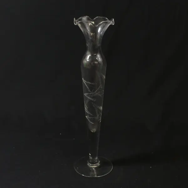 Clear Etched Leaves Glass Long Stem Bud Vase Ruffled Rim 10”