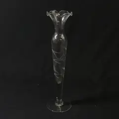 Clear Etched Leaves Glass Long Stem Bud Vase Ruffled Rim 10”
