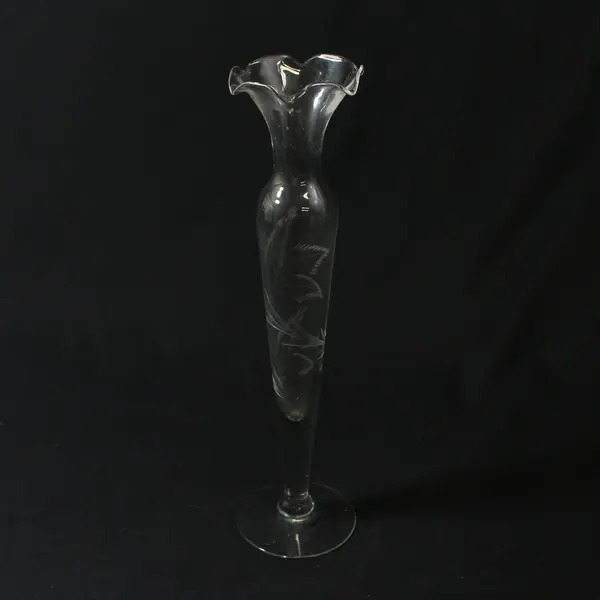 Clear Etched Leaves Glass Long Stem Bud Vase Ruffled Rim 10”