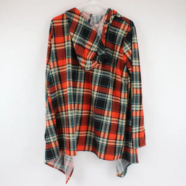 Kori America Red, Blue, Beige Flannel Open-Front Hooded Cardigan Women's M