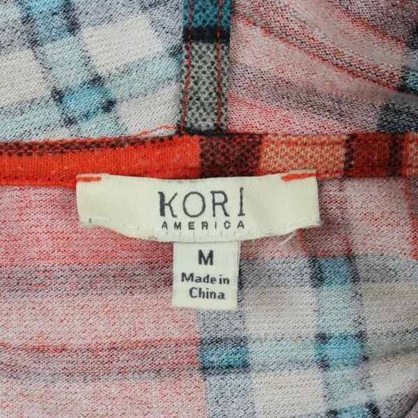 Kori America Red, Blue, Beige Flannel Open-Front Hooded Cardigan Women's M