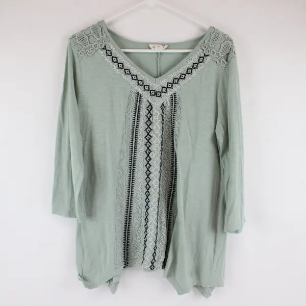 Style & Co Petite PL Boho Tunic Top Black, White, Mint Embroidered 3/4 Sleeve 
