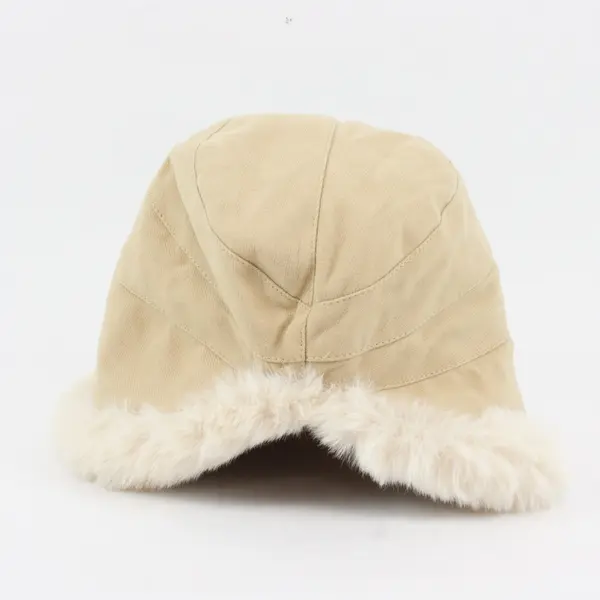 Khaki Beige Fluffy Bucket Hat Faux Fur Fleece Lined Women’s OS