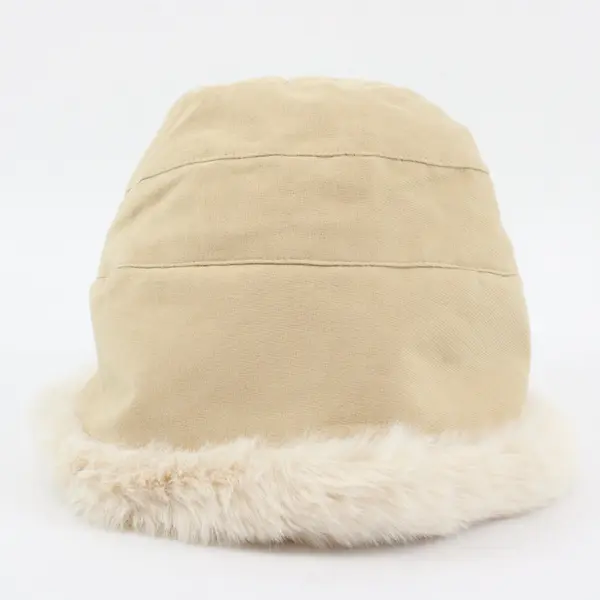 Khaki Beige Fluffy Bucket Hat Faux Fur Fleece Lined Women’s OS