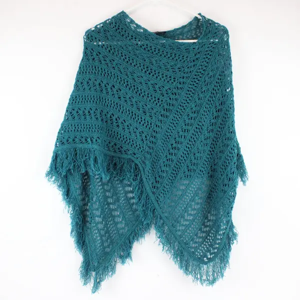 Armand & Alba Dark Teal Knit Poncho Shawl Fringe Boho Chic One Size