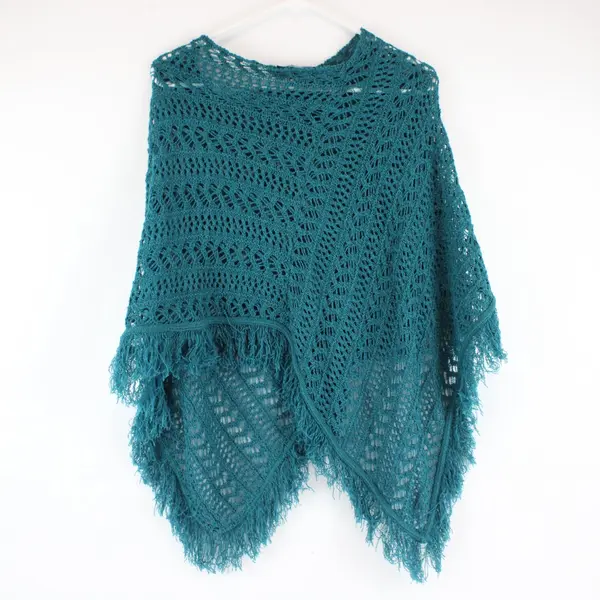 Armand & Alba Dark Teal Knit Poncho Shawl Fringe Boho Chic One Size
