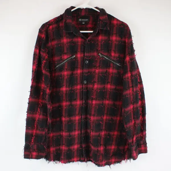 INC International Concepts Men's Distressed Plaid Flannel Shirt L Red Black