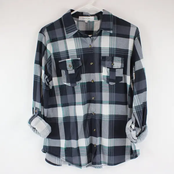 Eden & Olivia Womens Plaid Flannel Button-Up Shirt Medium Blue Teal White