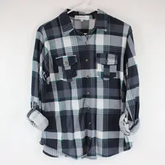 Eden & Olivia Womens Plaid Flannel Button-Up Shirt Medium Blue Teal White