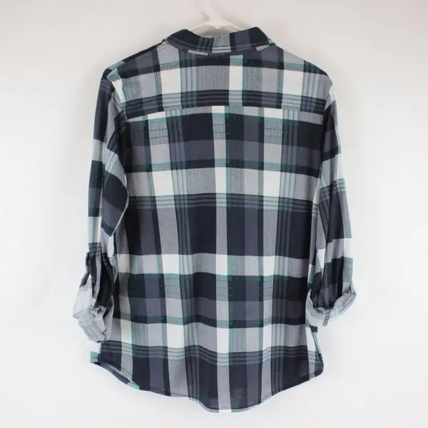 Eden & Olivia Womens Plaid Flannel Button-Up Shirt Medium Blue Teal White