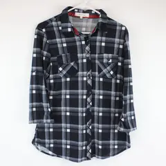 Eden & Olivia Womens Plaid Flannel Button Up Shirt Medium Black Gray White