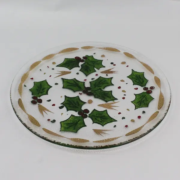 Hand-Painted Holly Berry Round Glass Christmas Platter 12.5in