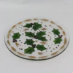 Hand-Painted Holly Berry Round Glass Christmas Platter 12.5in