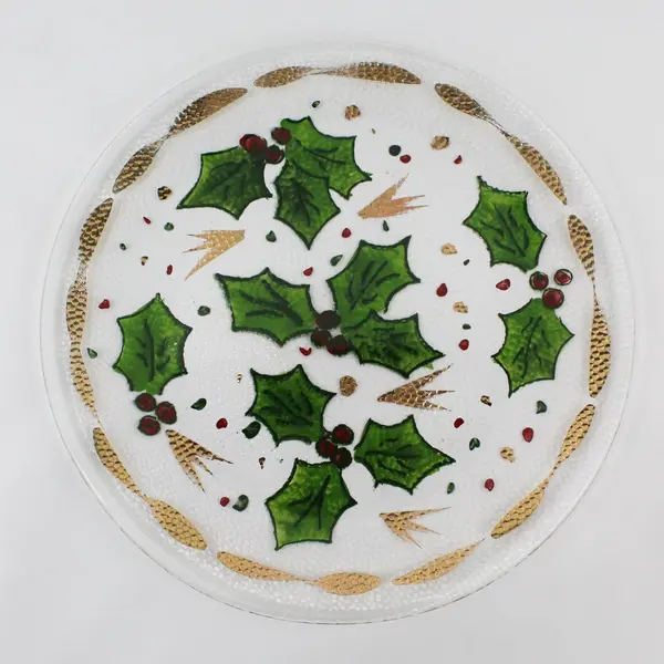Hand-Painted Holly Berry Round Glass Christmas Platter 12.5in