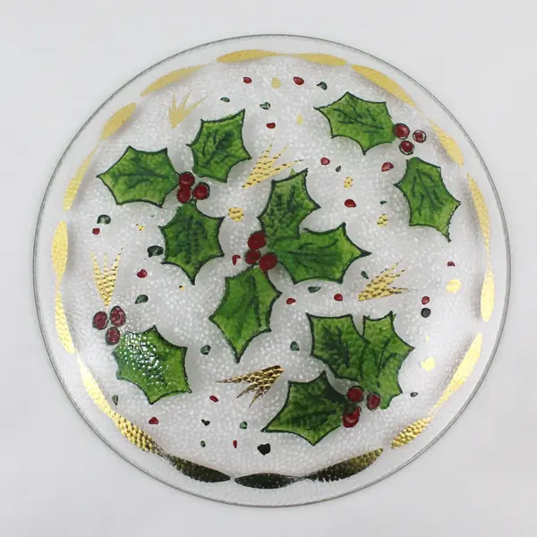 Hand-Painted Holly Berry Round Glass Christmas Platter 12.5in