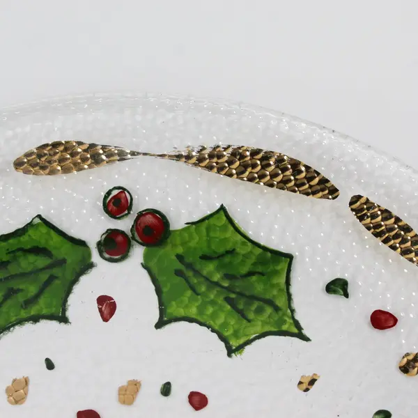 Hand-Painted Holly Berry Round Glass Christmas Platter 12.5in