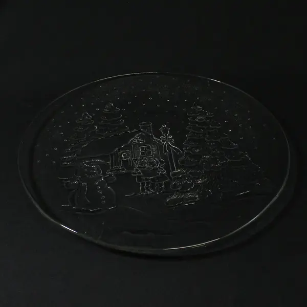 Vintage 12.5in Round Pressed Glass Christmas Scene Serving Platter