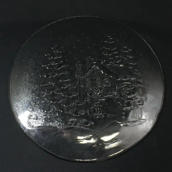 Vintage 12.5in Round Pressed Glass Christmas Scene Serving Platter