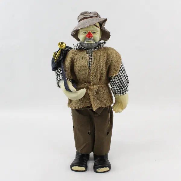 18 inch Porcelain Hobo Doll Sad Expression Burlap Vest Black And White Shirt