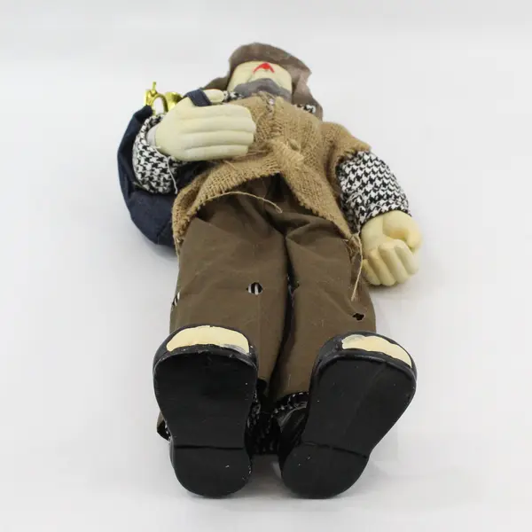 18 inch Porcelain Hobo Doll Sad Expression Burlap Vest Black And White Shirt