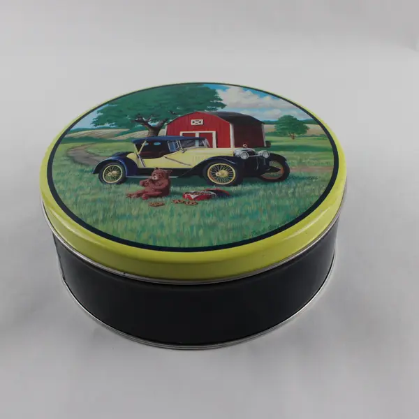 Vintage Fresh Beginnings Round Metal Cookie Tin Farm Scene 1990s Collectible