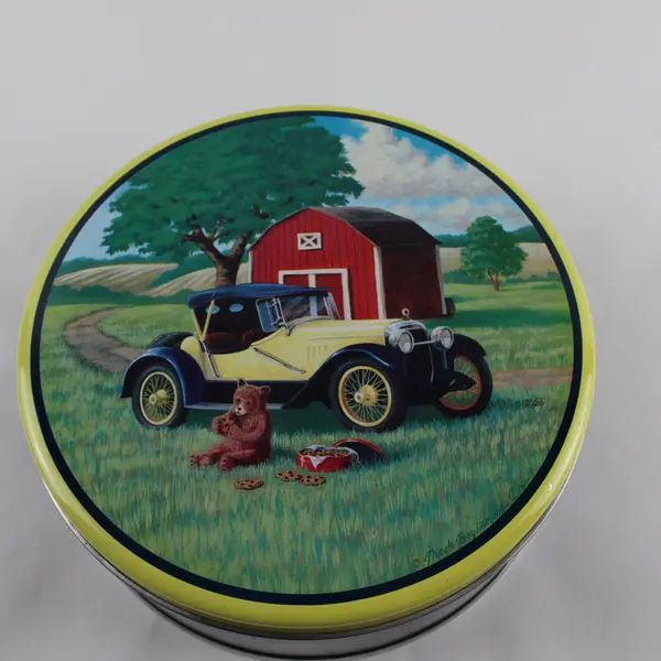 Vintage Fresh Beginnings Round Metal Cookie Tin Farm Scene 1990s Collectible