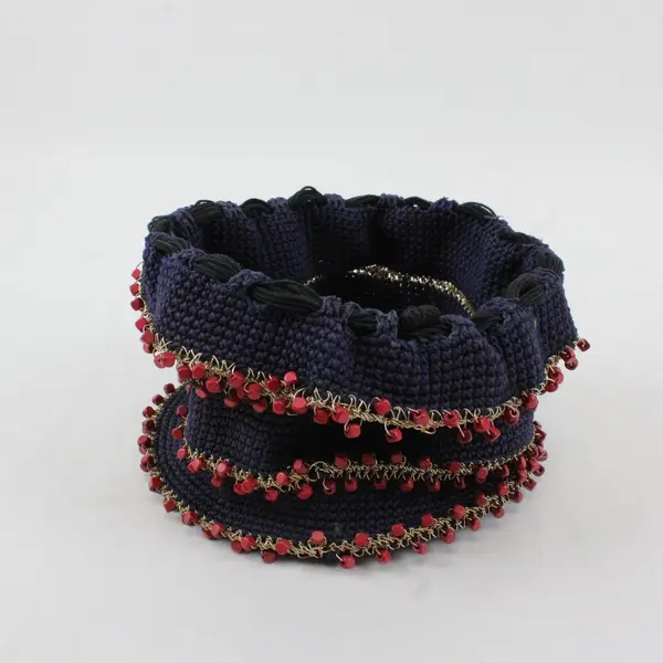 Vintage Handmade Navy Blue Crocheted Drawstring Bag Red Beads