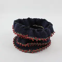 Vintage Handmade Navy Blue Crocheted Drawstring Bag Red Beads