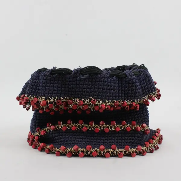 Vintage Handmade Navy Blue Crocheted Drawstring Bag Red Beads
