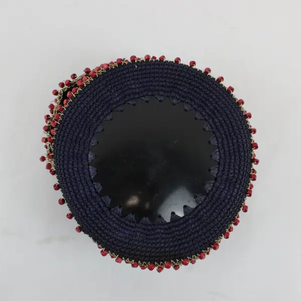 Vintage Handmade Navy Blue Crocheted Drawstring Bag Red Beads