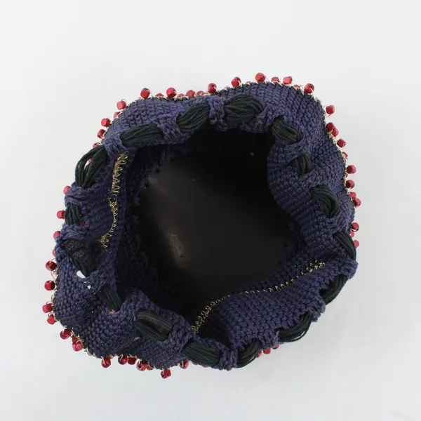 Vintage Handmade Navy Blue Crocheted Drawstring Bag Red Beads