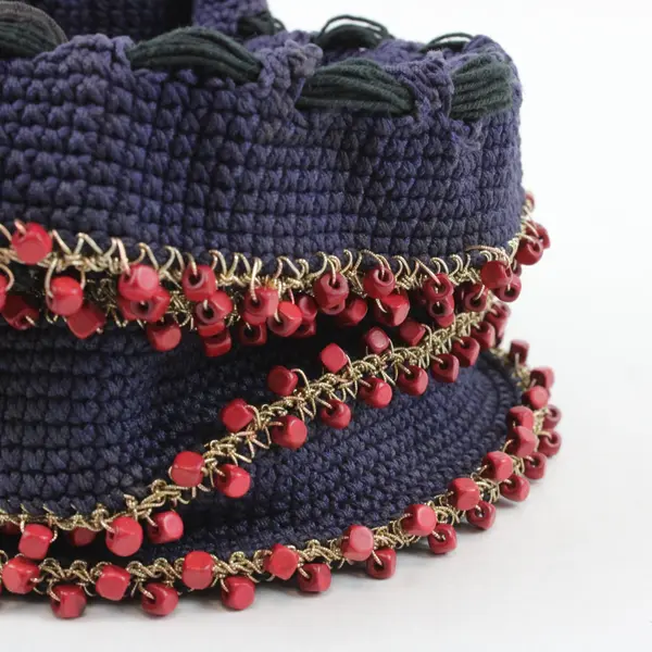 Vintage Handmade Navy Blue Crocheted Drawstring Bag Red Beads