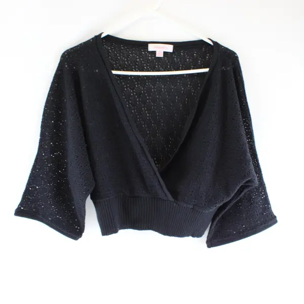Vintage Xhilaration TG Brands Faux Wrap Crop Sweater Black Pointelle Sz S